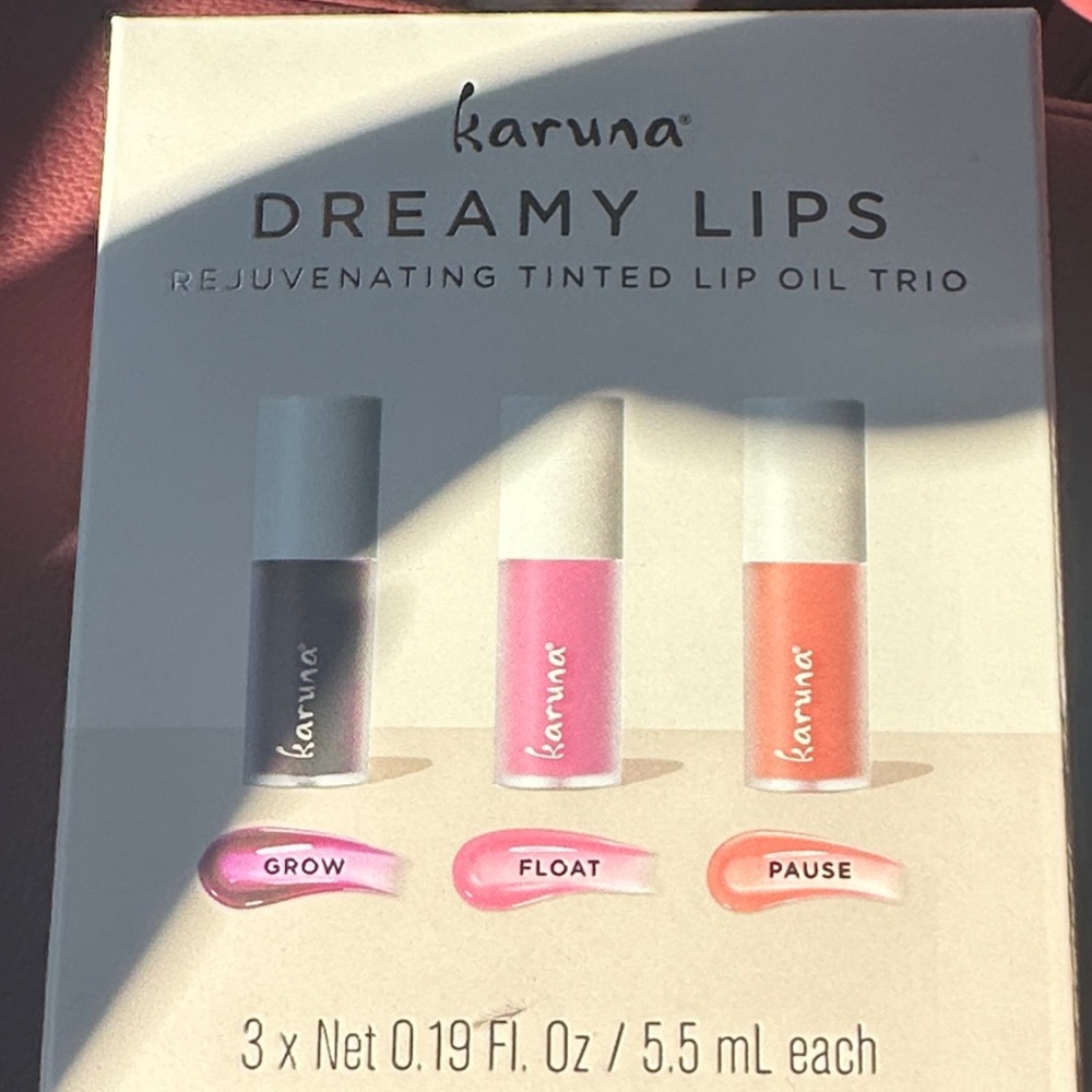Karuna Dreamy Lips Tinted Lip Oil Trio - Black, Pink, Orange.